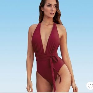 New CUPSHE Women’s Deep V Neck One Piece Deep Red Bathing Suit.  $38 at Target